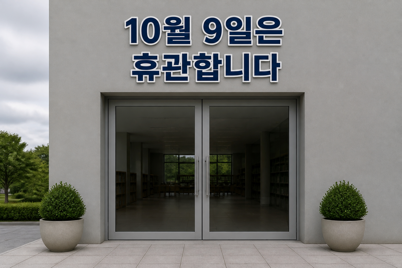 한글 문구를 포함한 이미지 생성 — 도서관 휴관 안내(날짜·다른 글자 유혹)
